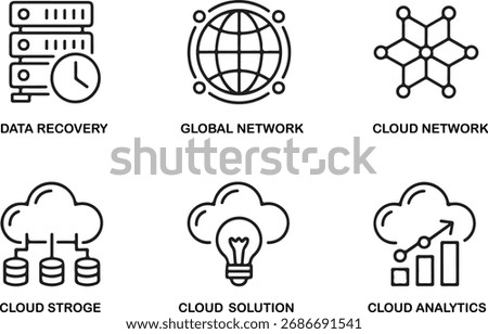 A set of data recovery, global network, and cloud network icons. The icons include a server, clock, globe, light bulb, and graph. Isolated on white background.