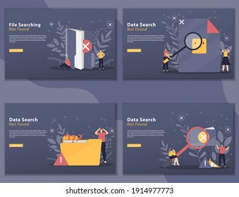 Set of Data search not found illustration concept landing page with tiny people character. Contains such icons as Looking For, Search, Not Found. Good for websites, landing page, posters, and banner