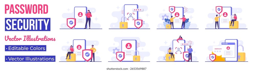 Conjunto de ilustração vetor plana de segurança de dados, Proteção de conta, proteção por senha, Segurança cibernética, Conceito de acesso seguro por senha para landing page, aplicativo móvel, modelo, banner da web, infográficos