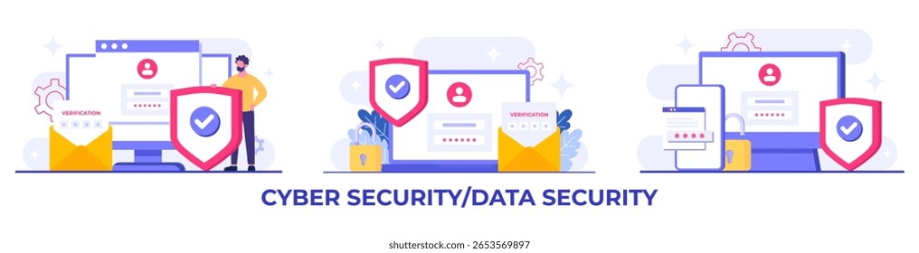 Set of data security flat vector illustration, Account protection, password protection, Cyber security, Password secure access concept for landing page, mobile app, template, web banner, infographics