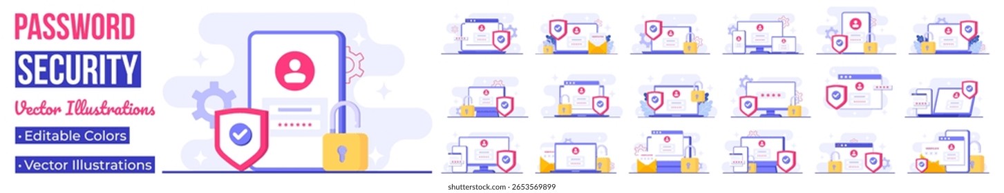 Set of data security flat vector illustration, Account protection, password protection, Cyber security, Password secure access concept for landing page, mobile app, template, web banner, infographics