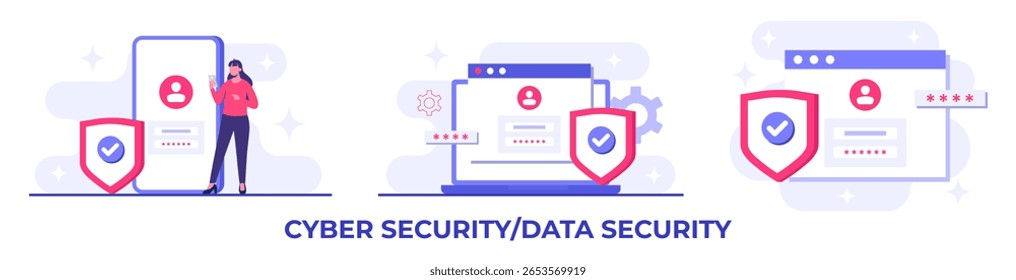 Set of data security flat vector illustration, Account protection, password protection, Cyber security, Password secure access concept for landing page, mobile app, template, web banner, infographics