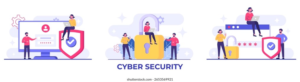 Set of data security flat vector illustration, Account protection, password protection, Cyber security, Password secure access concept for landing page, mobile app, template, web banner, infographics