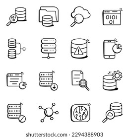 Set of Data and Servers Doodle Icons

