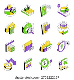 Set of Data and Statistics Isometric Icons