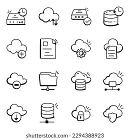 Set of Data Storage and Hosting Doodle Icons
