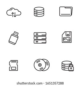 Set of data storage icons in black line design isolated on white background 