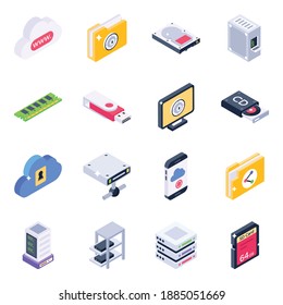 
Set of Data Storage Isometric Icons 