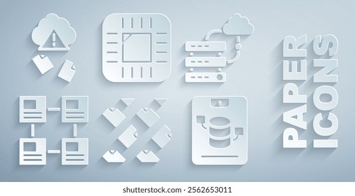 Set Data stream, Network cloud connection, Hierarchy organogram chart, Server, Data, Web Hosting, Processor with CPU and Cloud hacking icon. Vector