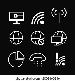Set of data transfer concept includes antenna tower and wireless signal. Black and white vector illustration.