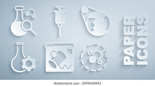 Set Data visualisation, Earth globe, Test tube, Atom, Syringe and  icon. Vector