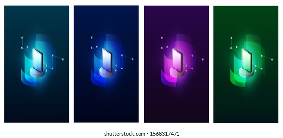 Set of Data visualization concept smartphone. 3d isometric vector illustration. High-tech, big data illustration. Smartphone wireless technology.Bright monochrome illustration. Vertical orientation.
