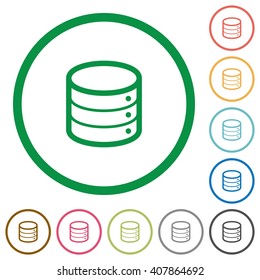 Set of database color round outlined flat icons on white background