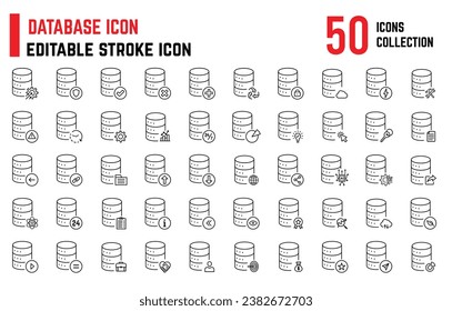 Set of database editable stroke icon and data services thin line icons related to data exchange, server, cloud, setting, traffic, files, cloud, and server. Databases vector illustration