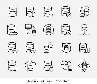 Conjunto de iconos de base de datos en estilo moderno de línea delgada. Símbolos de respaldo de esquema negro de alta calidad para diseño de sitios web y aplicaciones móviles. Pictogramas simples lineales de transferencia de datos en un fondo blanco.