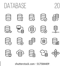 Conjunto de iconos de base de datos en estilo moderno de línea delgada. Símbolos de respaldo de esquema negro de alta calidad para diseño de sitios web y aplicaciones móviles. Pictogramas simples lineales de transferencia de datos en un fondo blanco.