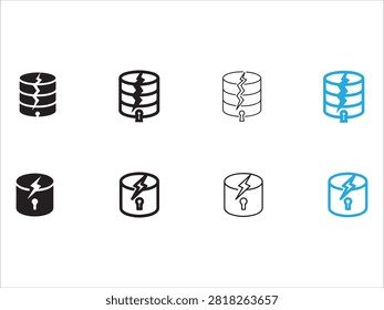 Set of database icons showing security and damage effects isolated on transparent background