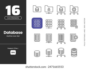 Set of database outline icon set, elated to data exchange, traffic, files, cloud, server, Data analytics icon set. Big data analysis technology symbol. related to cloud computing, cloud services.