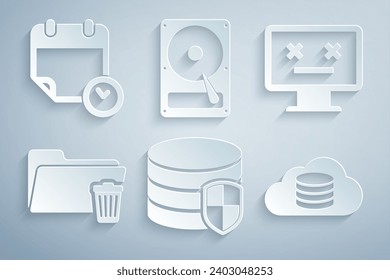 Set Database protection, Dead monitor, Delete folder, Cloud database, Hard disk drive HDD and Calendar and clock icon. Vector