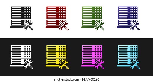 Set Database server with screwdriver and wrench icon isolated on black and white background. Adjusting, service, setting, maintenance, repair, fixing.  Vector Illustration