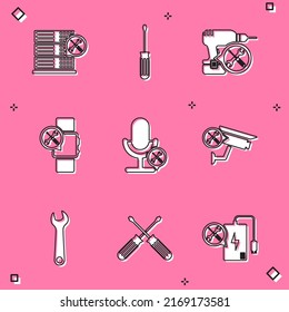 Set Database Server Service, Screwdriver, Drill Machine, Smartwatch, Microphone, Security Camera, Wrench And Crossed Screwdrivers Icon. Vector