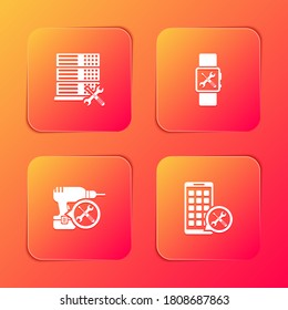 Set Database server service, Smartwatch, Drill machine and Mobile Apps icon. Vector.