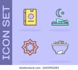 Set Date fruit in bowl, Holy book of Koran, Octagonal star and Muslim man prays icon. Vector