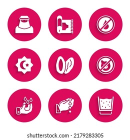 Set Date fruit, Hands in praying position, Glass with water, No pig, Wudhu, Octagonal star,  and Muslim woman niqab icon. Vector