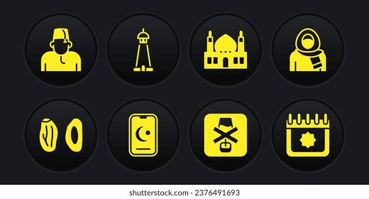 Set Date fruit, Muslim woman in hijab, Star and crescent, No alcohol, Mosque, tower or minaret, Ramadan calendar and  icon. Vector