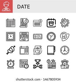 Set of date icons such as Planner, Calendar, Time management, Delivery date, Clock, Digital clock, Appointment, Hearts, Vows, Agenda, Time, Schedule , date