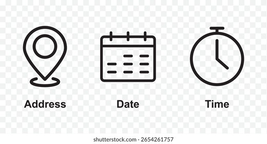set of date place and time icons . Time, Date and Location Icons for Websites and Apps . eps 10