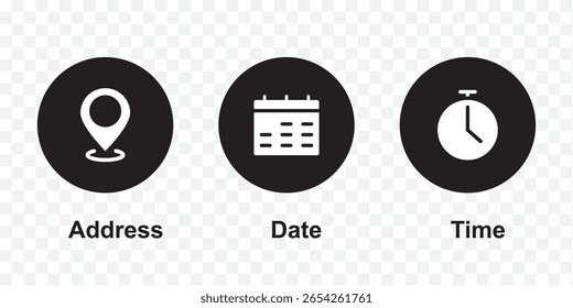 Conjunto de iconos de fecha, lugar y hora . Iconos de hora, fecha y Locación para Sitios web y App. eps 10