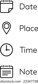 Juego de iconos de fecha, lugar, hora y nota para la tarjeta de cita profesional o el diseño web