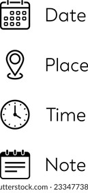 Juego de iconos de fecha, lugar, hora y nota para tarjeta de reunión de negocios o diseño web
