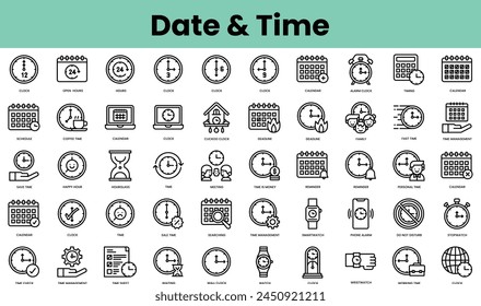 Set of date and time icons. Linear style icon bundle. Vector Illustration