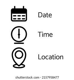 Set Date, Time And Location Icons For Graphic Design.Isolated On A White Background. Illustration Icon.