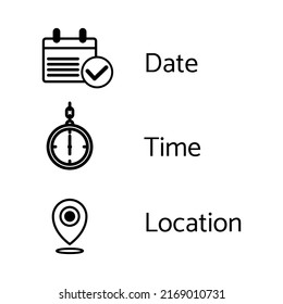 set date, time and location Icons for graphic design.Isolated on a White Background. Illustration icon.