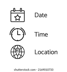 Set Date, Time And Location Icons For Graphic Design.Isolated On A White Background. Illustration Icon.