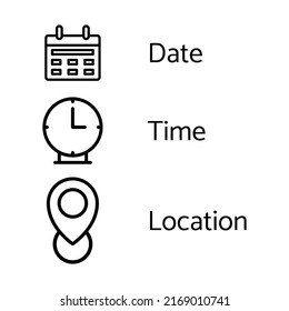 establecer iconos de fecha, hora y ubicación para el diseño gráfico.Aislado en un fondo blanco. Ilustración.