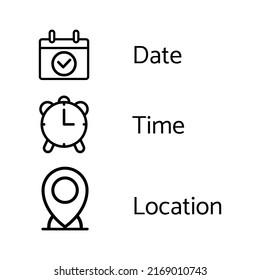 Set Date, Time And Location Icons For Graphic Design.Isolated On A White Background. Illustration Icon.