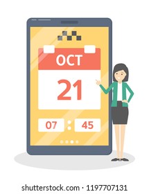 Set date and time in the taxi booking app. Order car online in the smartphone. Transportation and delivery. Vertical banner with yellow screen on the phone. Isolated flat vector illustration