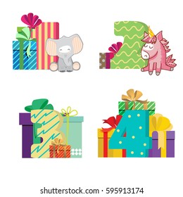 Set of dates baby is birthday with boxes with bows, unicorn, elephant. Vector illustration