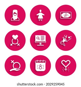 Set Dating app, Calendar with 8 March, Feminism, Feminist activist, Female gender, Gender, Money growth woman and Muslim hijab icon. Vector