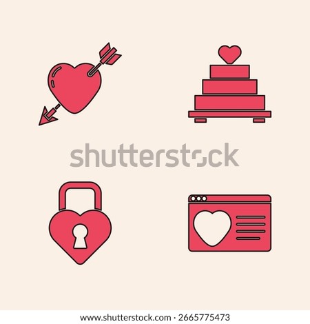Set Dating app online, Amour with heart and arrow, Wedding cake and Castle the shape of icon. Vector