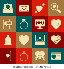 Set Dating app online, Candy heart shaped box, Heart, Amour with arrow, Wedding rings, Mobile, Envelope Valentine and Speech bubble I love you icon. Vector