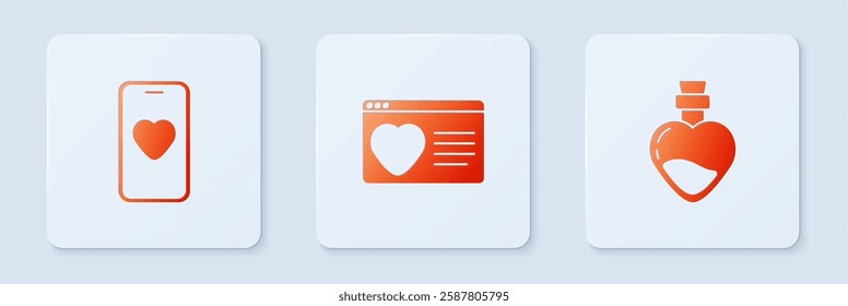 Set Dating app online, Online dating and chat and Bottle with love potion. White square button. Vector