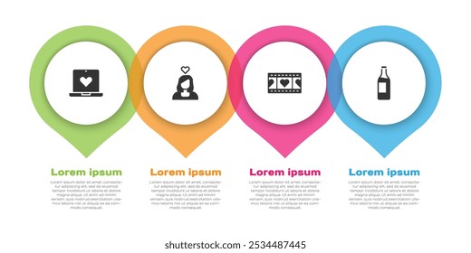 Set Dating app online, Couple love, Play Video with heart and Wine bottle. Business infographic template. Vector