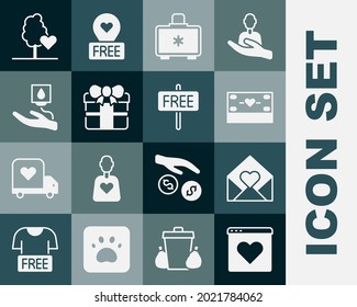 Set Dating app online, Envelope with Valentine heart, Donation and charity, First aid kit, Gift box, Blood donation, Volunteer team planting trees and Free sign icon. Vector