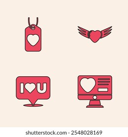 App de citas en línea, etiqueta del corazón, con alas y burbuja de discurso Te amo icono. Vector