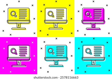 Set Dating app online laptop concept icon isolated on color background. Female male profile flat design. Couple match for relationship.  Vector